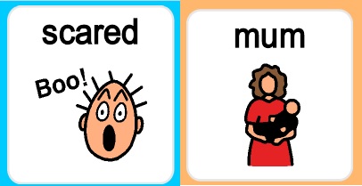 Boardmaker symbols for 'scared' and 'mum'.
